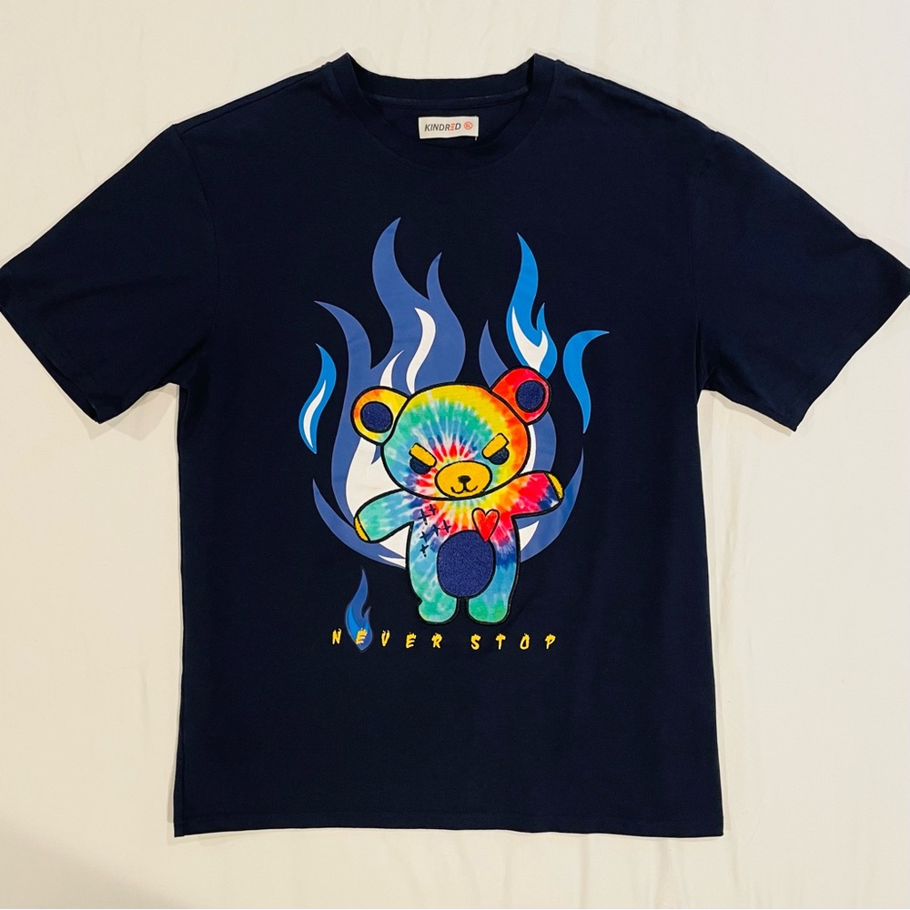 Kindred Multi Color Bear T-Shirt Mens XL Black Tee Tie Dye Rainbow Never Stop